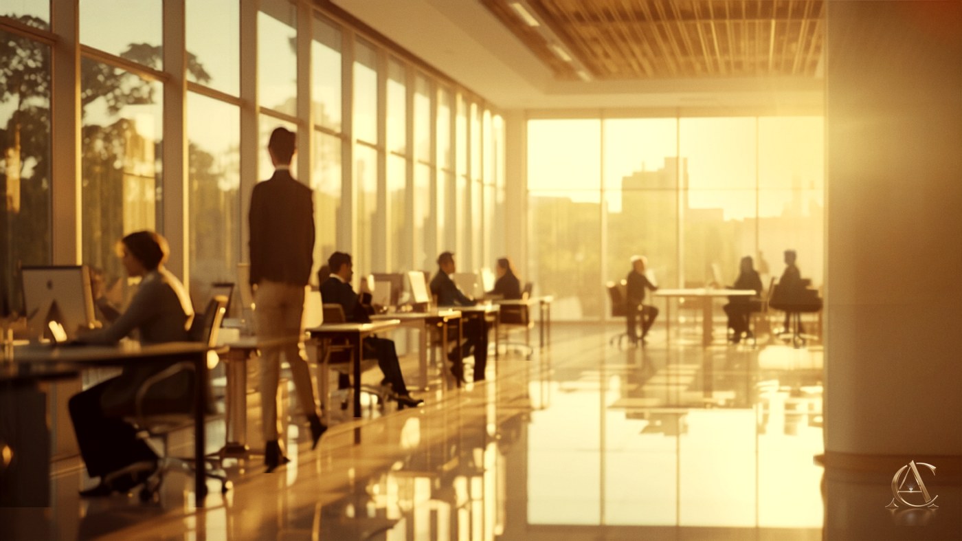 Un equipo implementando el plan en una oficina luminosa al atardecer